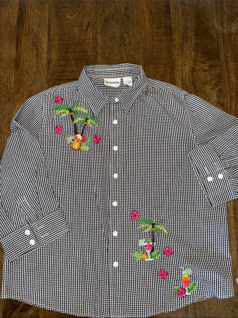 Black & White Gingham Button-Down Shirt with Tropical Embroidery